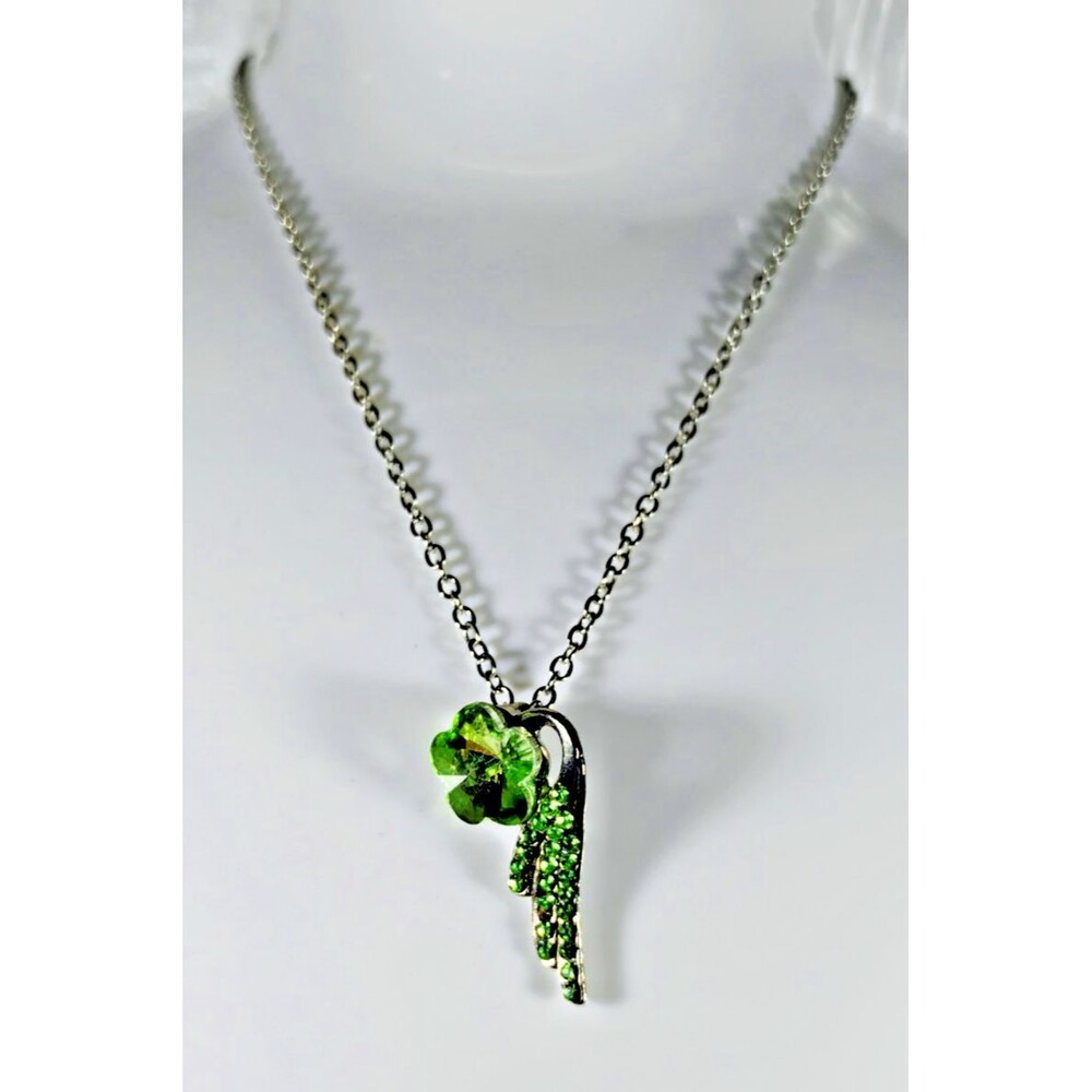 New Unique Necklace Green Crystal Flower & Angel Wing Pendant Silver Tone Fairy